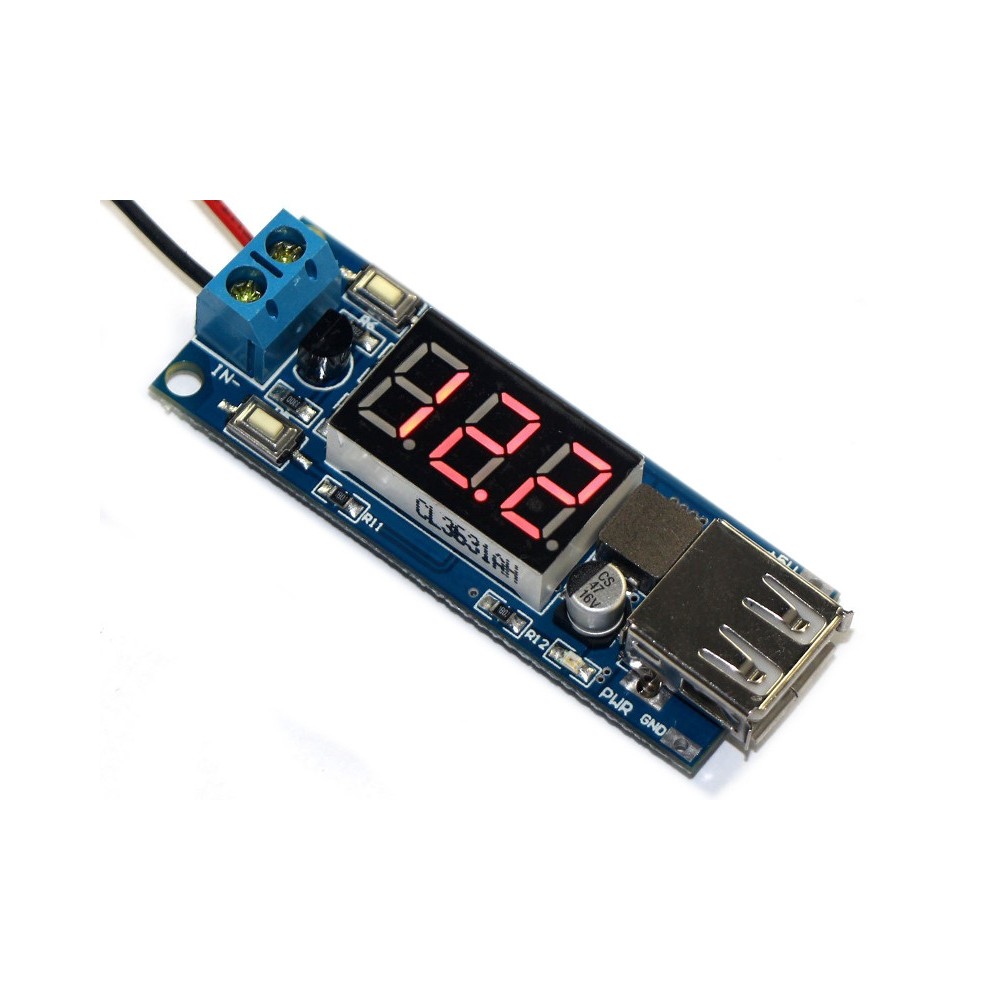 DC-DC Step-down Converter with USB output - 4.5-40V Input - 5V 2A Output - Voltmeter for input voltage monitor