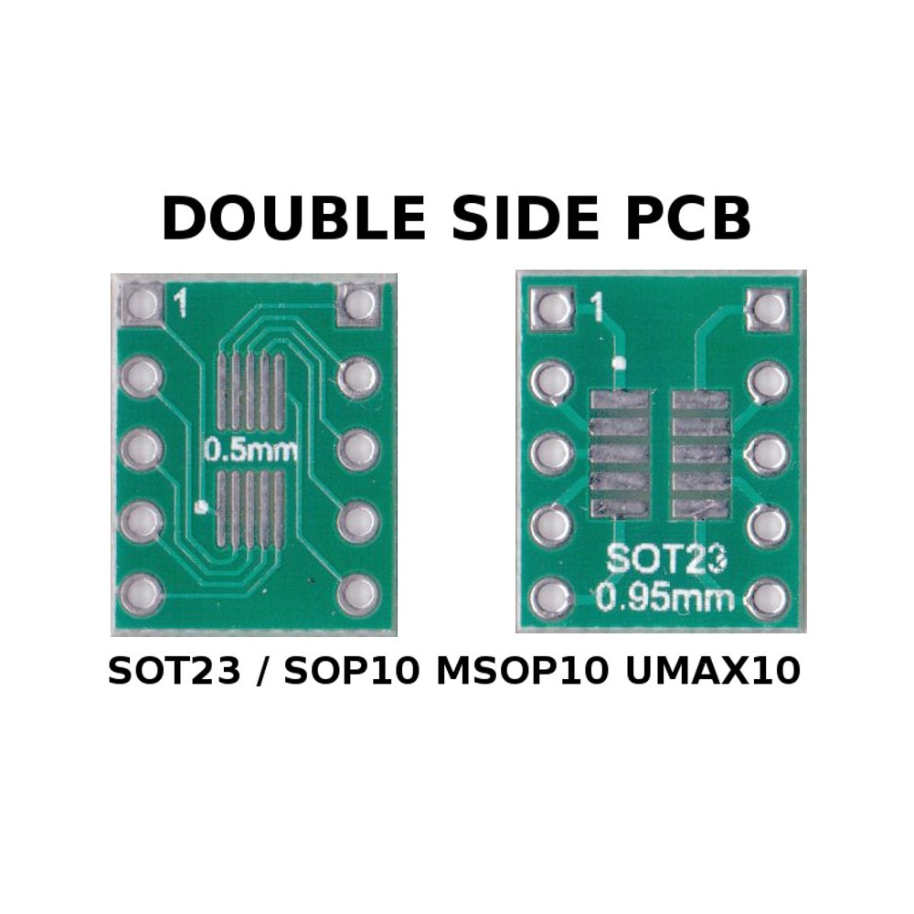 5 pcs - PCB SOT23 / SOP10 MSOP10 UMAX10 ( 0.5 and 0.95 mm ) to  DIP10  (0,254 mm / 100 mils pitch) ADAPTER