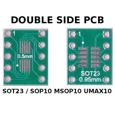 5 pcs - PCB SOT23 / SOP10 MSOP10 UMAX10 ( 0.5 and 0.95 mm ) to  DIP10  (0,254 mm / 100 mils pitch) ADAPTER